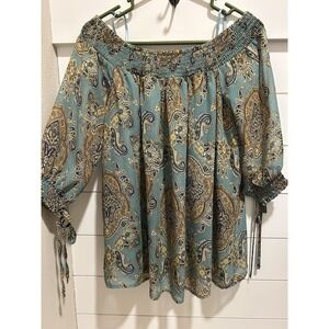 Doe & Rae Women's Med Blouse On Off Shoulder Smocked Paisley Flowy Boho Revival
